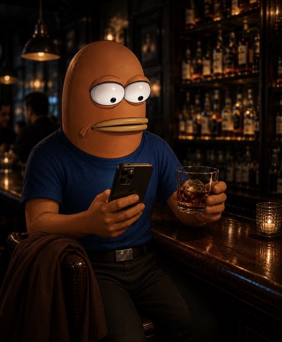 A brown fish-like character wearing a blue shirt, sitting at a dimly lit bar holding a glass of whiskey and a smartphone.