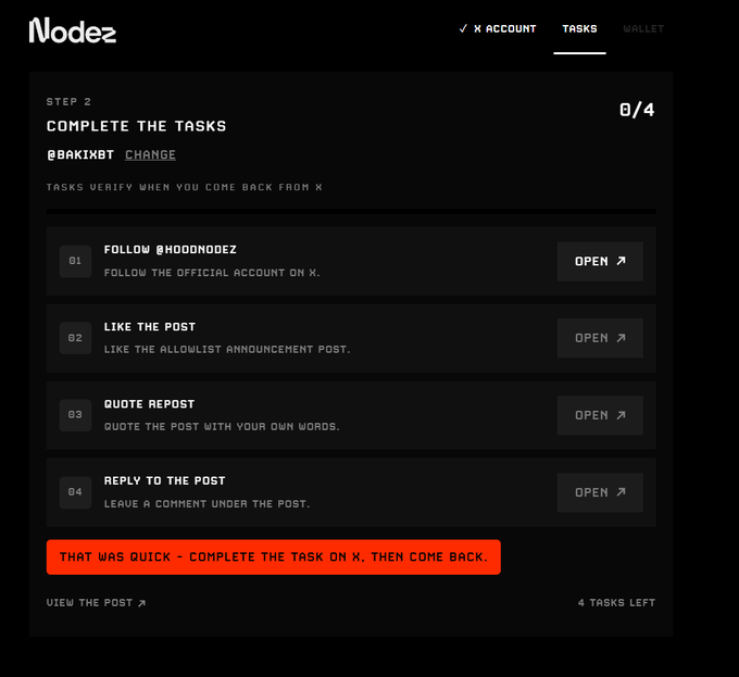 A dark-themed "Nodez" tasks page shows Step 2 "Complete the Tasks" with 0/4 progress on @BAKIXBT, listing four tasks (Follow @NodezOfficial, Like the Post, Quote Repost, Reply to the Post) — directly tying to the instruction to quote the post with your own words.