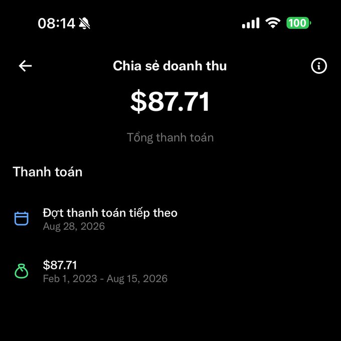 A screenshot of a revenue sharing page ('Chia sẻ doanh thu') displaying a total payment of $87.71 ('Tổng thanh toán') paid on Feb 1, 2023, with the next payment scheduled for Aug 28, 2026.