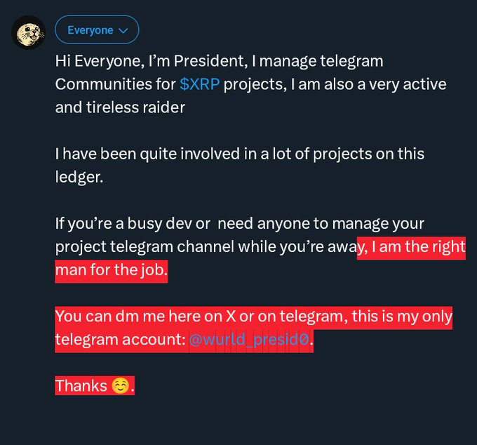 A Telegram post from user "President" advertising XRP project community management services, with the contact handle @wurld_presid0 highlighted in red.