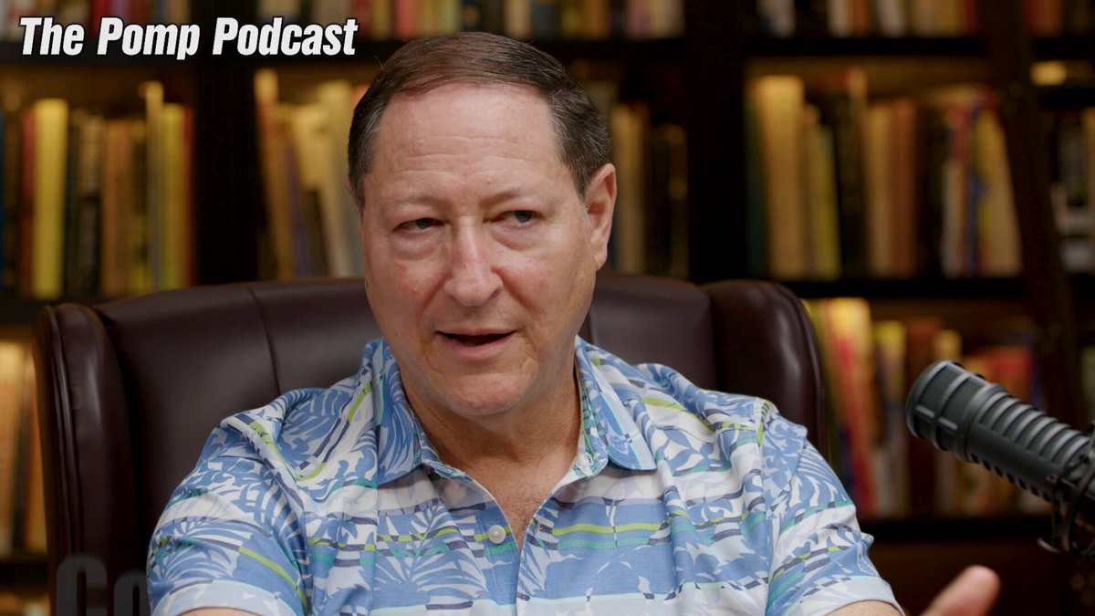 The image features a man wearing a blue Hawaiian shirt sitting in an office chair with his arms outstretched as if he's giving a speech or interview. The background shows a bookshelf filled with numerous books, suggesting that they are in a library or a room dedicated to reading and learning. The post is titled "The PUMP podcast" and has the logo of @jvisserlabs at the bottom.
