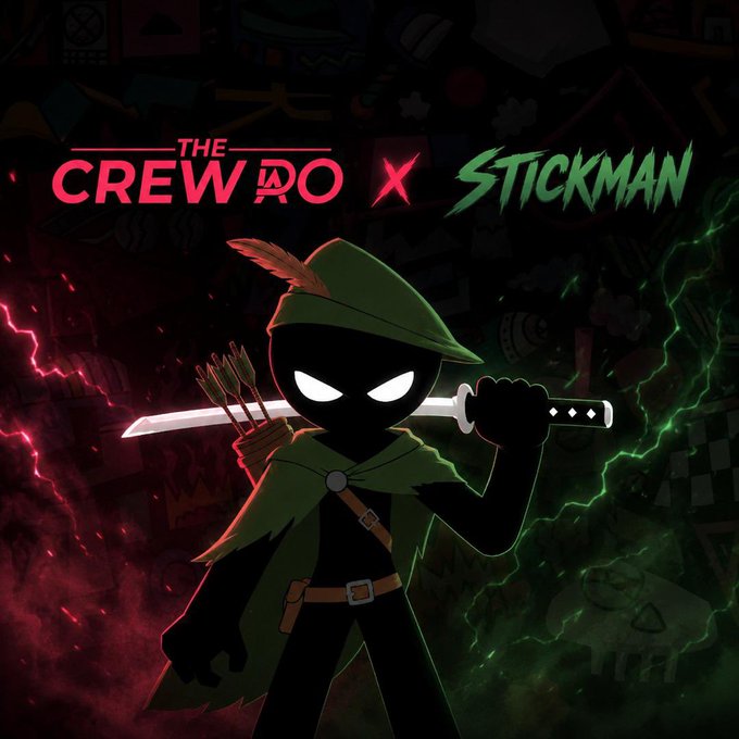 Promotional art for 'THE CREW PRO x STICKMAN' showing a silhouetted stick figure in a green cloak holding a sword against a dark red and green background.