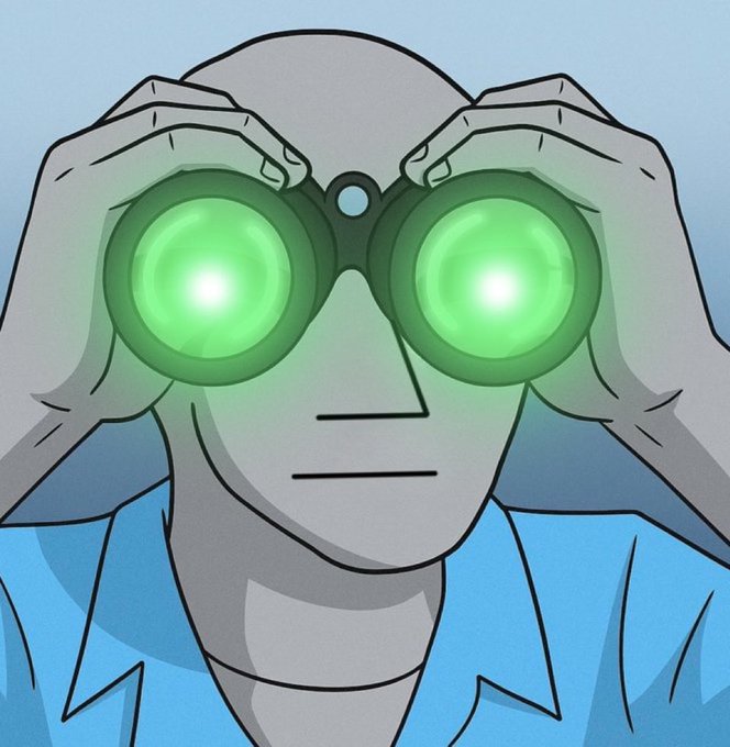 A cartoon character holds glowing green binoculars up to their face, peering intently against a soft blue background.
