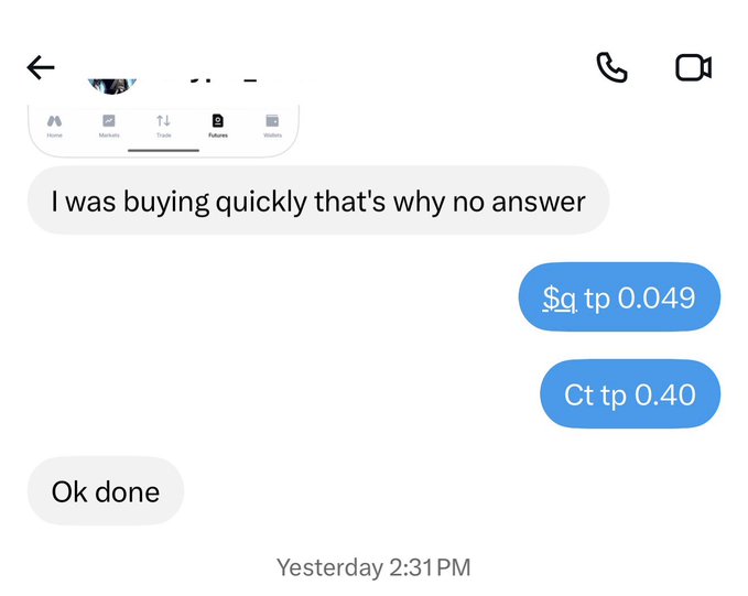 A Telegram conversation screenshot shows a trader sharing that they were busy buying quickly, then recommending stocks "$q tp 0.049" and "Ct tp 0.40" before confirming "Ok done," aligning with the post's claim of sharing gem stock picks that hit their target prices for massive profits.