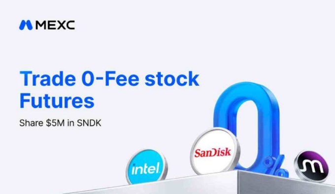 A promotional banner for MEXC advertising 'Trade 0-Fee stock Futures' and 'Share $5M in SNDK', featuring logos for intel, SanDisk, and another company.