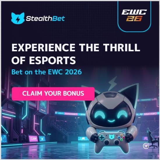 This image promotes betting on the EWC 2026 with StealthBet and features a bonus offer. It relates to the post by visually representing the "game time" and "thrill of esports" mentioned.