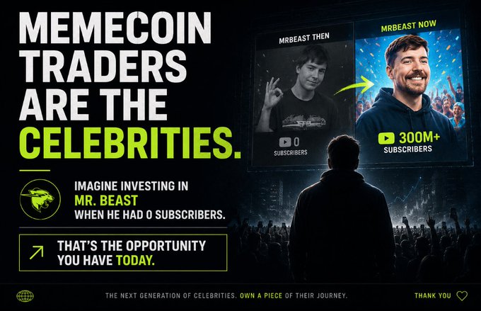 A promotional graphic reading "MEMECOIN TRADERS ARE THE CELEBRITIES" with images comparing "MRBEAST THEN" (0 subscribers) to "MRBEAST NOW" (300M+ subscribers), encouraging investment in emerging creators.