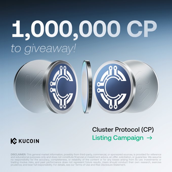 The image is a KuCoin promotional graphic announcing "1,000,000 CP to giveaway" for the Cluster Protocol (CP) Listing Campaign, featuring two metallic CP coins with a blue circuit-design logo. It ties directly to the post's announcement of two activities—a GemSlot Carnival sharing 820,000 CP and a Learn & Earn sharing 180,000 CP—that together total the 1 million CP giveaway promoting CP's listing on KuCoin.