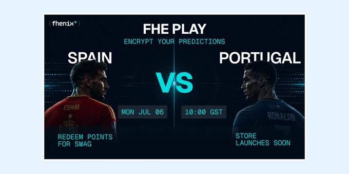 A promotional graphic for 'FHE PLAY' featuring a Spain vs Portugal matchup with images of players, dated MON JUL 06 at 10:00 GST, advertising encrypted predictions and a store launch.