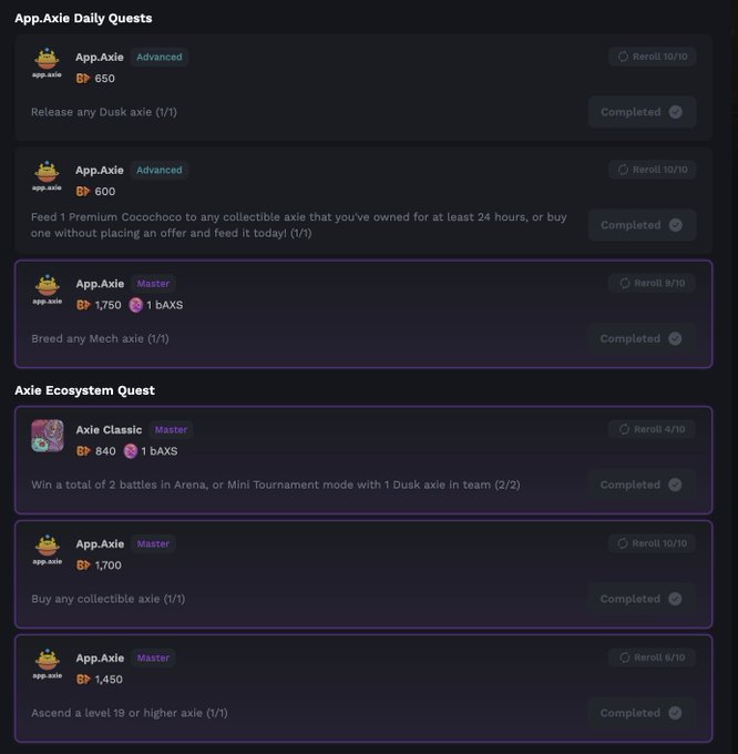 A dark-themed screenshot of App.Axie Daily Quests and Axie Ecosystem Quests showing completed tasks with XP rewards (650, 600, 1,750, 840, 1,700, 1,450) for various Axie Infinity activities like breeding, battling, and ascending axies.