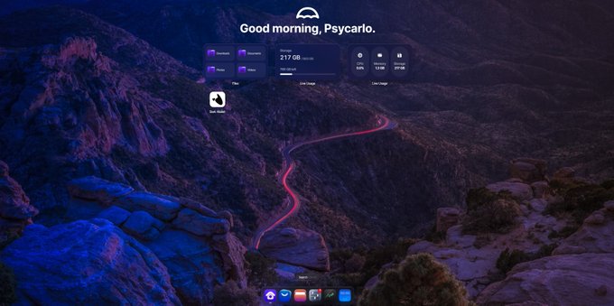 A desktop wallpaper greeting 'Good morning, Psycarlo' with storage usage statistics for Macrium Reflect and Plex servers, set against a scenic mountain landscape with a winding road.