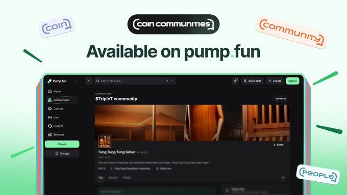 The image shows a computer screen displaying a website called "coincommunities". The website has a banner at the top that reads "Available on pump.fun", indicating that users can access this content through a pump.fun-style web browser. Below the banner, there is text that says "Join your community now!", inviting users to join and participate in the coin communities platform.