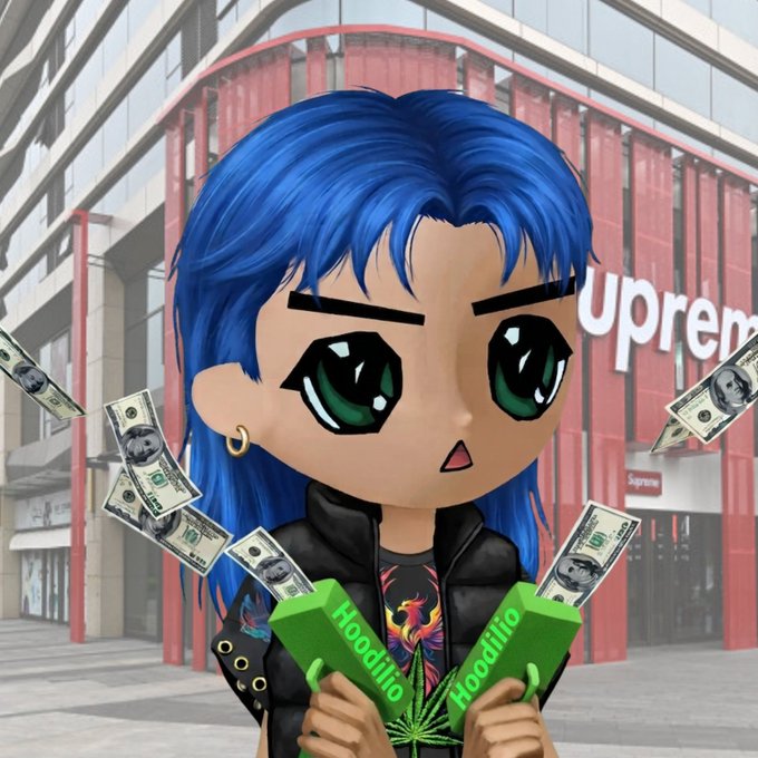 Anime-style digital artwork of a blue-haired chibi character holding green stacks labeled 'Hoodlillo' with a cannabis leaf design, with floating hundred-dollar bills in front of a Supreme storefront.