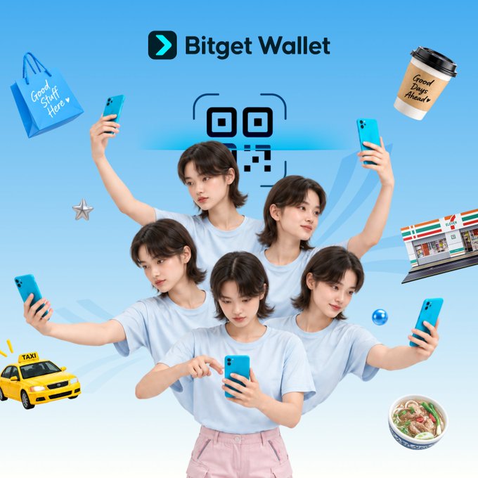A young woman holds several blue smartphones displaying Bitget Wallet while surrounded by travel essentials like a "Good Stuff Here" shopping bag, a "Good Days Ahead" coffee, a taxi, a 7-Eleven, and a bowl of noodles—illustrating the ease of paying for everything during her Southeast Asia travels with the crypto wallet.