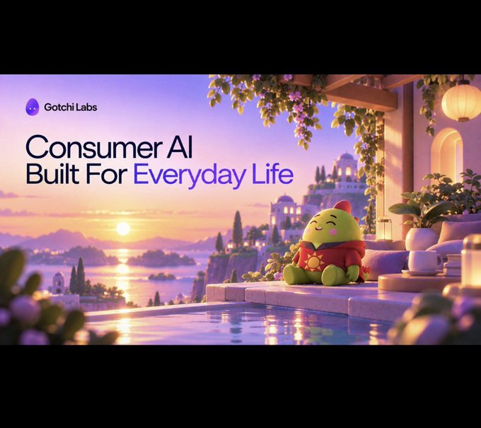 An advertisement for Gotchi Labs reading 'Consumer AI Built For Everyday Life,' featuring a 3D-rendered green dinosaur-like character with a red sweater sitting by a sunset infinity pool.