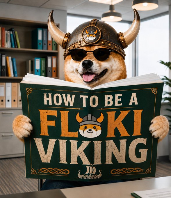 A Shiba Inu dog wearing a Viking helmet and sunglasses happily holds open a green book titled 'HOW TO BE A FLOKI VIKING' in an office setting.