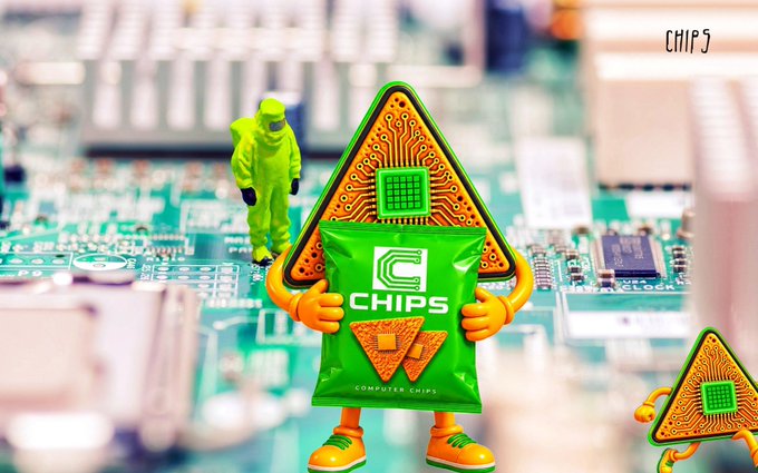 A promotional image for 'CHIPS' computer chips featuring a triangular chip mascot holding a green CHIPS bag, with a person in a yellow hazmat suit on a circuit board background.