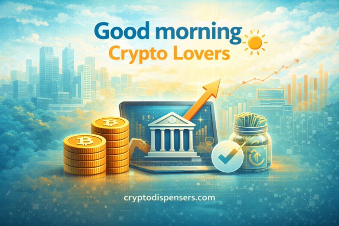 'Good morning Crypto Lovers' greeting graphic from cryptodispensers.com featuring stacks of Bitcoin coins, a laptop, a bank/government building, a money jar, and an upward arrow indicating bullish trends.
