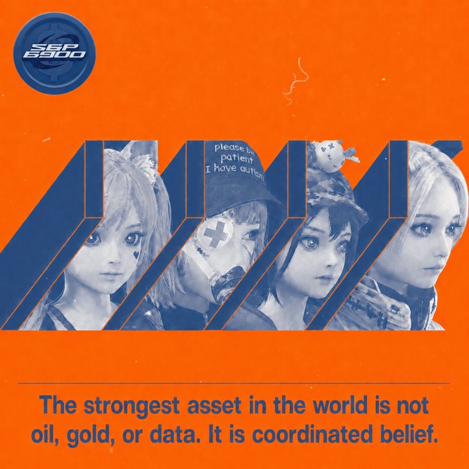 This is a stylized orange-and-blue promotional graphic featuring four anime-style female characters rendered in monochrome within large blue geometric shapes at the top, with a blue circular "SPX6900" logo in the upper-left corner; one character wears a beanie reading "Please be patient I have autism" and another has an X over her mouth, evoking the meme culture the SPX6900 crypto community embraces. The bottom half displays the tagline in bold blue text: "The strongest asset in the world is not oil, gold, or data. It is coordinated belief," which directly reinforces the post's thesis that SPX6900's mission to "flip the stock market" derives its 1,000x potential not from technology or infrastructure but from the devoted, meme-driven conviction of its holders.