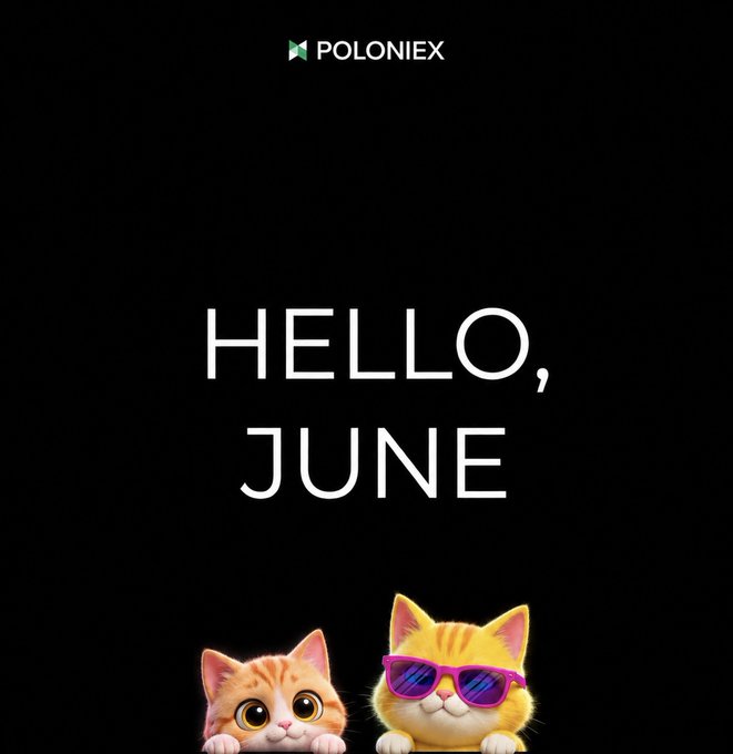 The image features two cats, one orange and one yellow, wearing sunglasses and standing together with their paws up against a black background. The text "Hello, June" is written above them, indicating that the month of June is going to be a good one.