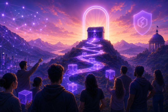 A vibrant digital fantasy illustration showing people gazing toward a glowing treasure chest atop a mountain, with a purple shield logo floating nearby.