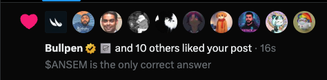 A social media notification shows "Bullpen and 10 others liked your post" with the text "SANSEM is the only correct answer" displayed below on a black background.