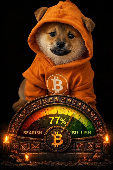 A Shiba Inu dog wearing an orange Bitcoin-themed hoodie stands behind a mystical gauge displaying '77%' with a needle pointing toward 'BULLISH' and 'BEARISH' labels, surrounded by candles and runes.
