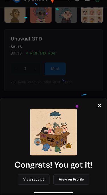 A screenshot of an NFT minting interface showing 'Unusual GTD' priced at $6.18, currently minting now, with a confirmation popup reading 'Congrats! You got it!' featuring cartoon characters in a box.