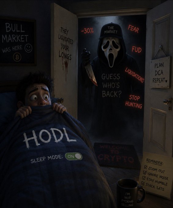 A terrified crypto holder hides under a "HODL" blanket as Ghostface, labeled "THE MARKET," looms in the doorway surrounded by warnings like "-30%," "FEAR," "FUD," "LIQUIDATIONS," and "STOP HUNTING," while a "PLAN DCA REPEAT" sign hangs on the door — perfectly capturing the post's message that every bear cycle feels like a horror movie, yet Bitcoin has survived every "this time is different" moment from $200 to $20K.
