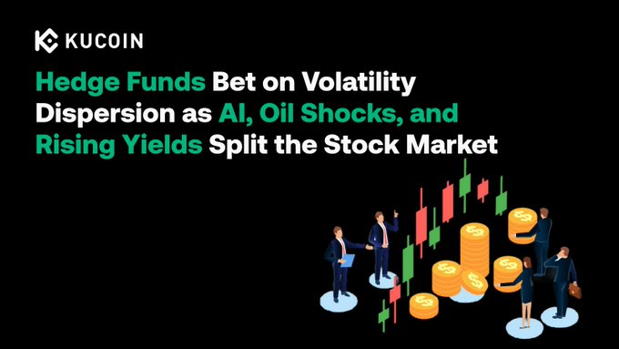 A KuCoin-branded image featuring the headline "Hedge Funds Bet on Volatility Dispersion as AI, Oil Shocks, and Rising Yields Split the Stock Market," accompanied by an illustration of businesspeople examining a candlestick chart beside stacks of gold coins, visually reinforcing the post's theme of hedge funds profiting from widening stock dispersion amid macro pressures.