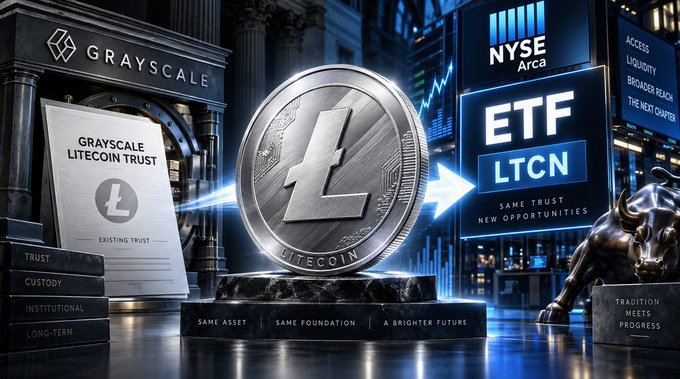 A promotional graphic for the Grayscale Litecoin Trust (LTCN) transitioning to an ETF on NYSE Arca, featuring a large Litecoin coin and bullish imagery.