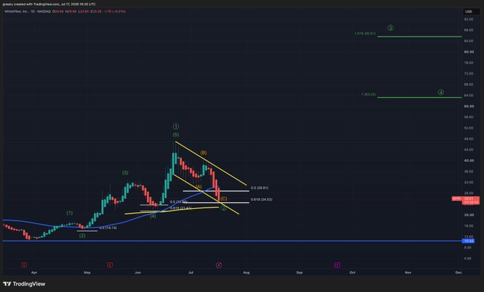 A TradingView daily candlestick chart for Wheaton, Inc. (WYFI) as of July 17, 2025, showing price action consolidating near $32-33 with technical analysis annotations including Fibonacci retracement levels (0.5 at 28.91 and 0.618 at 24.62), a descending channel, and projected upside targets at $60.82 (1.618) and $90.91 (1.618 extension). The chart supports the post's bullish sentiment on $WYFI with multiple harmonic/Elliott Wave style pattern labels indicating potential for significant price expansion.
