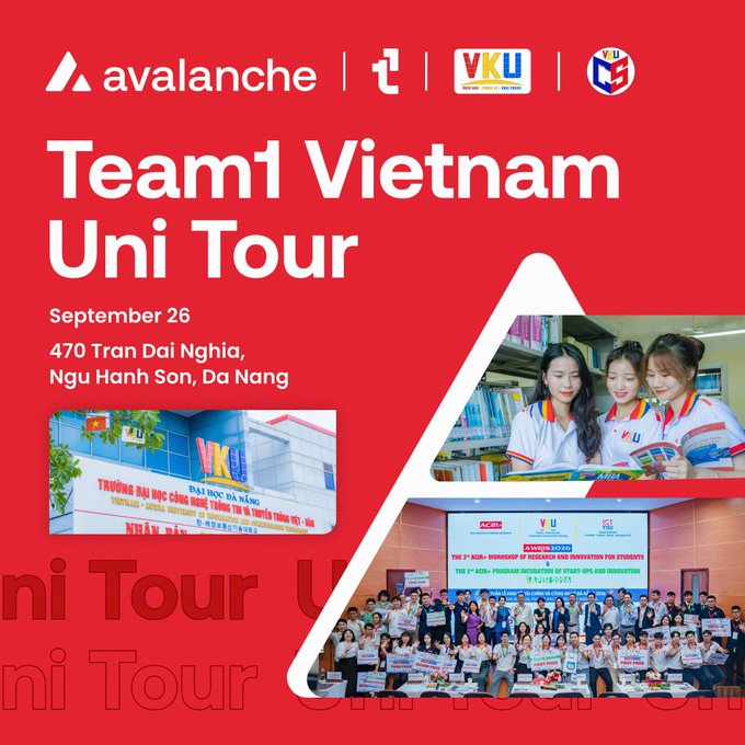 Promotional poster for 'Team1 Vietnam Uni Tour' on September 26 at 470 Tran Dai Nghia, Ngu Hanh Son, Da Nang, featuring Avalanche, Telcoin (t), VKU, and another sponsor logo.