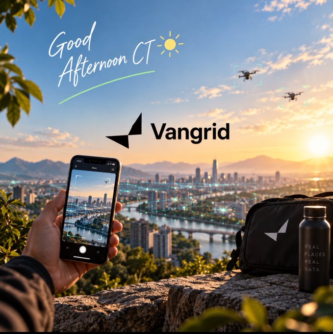 A promotional graphic for 'Vangrid' shows 'Good Afternoon CT' text, a phone capturing a city skyline with drones, and branded merchandise including a bag and water bottle reading 'REAL PLACES REAL DATA'.