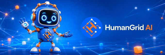 A 3D-rendered blue and orange robot character waves next to a logo and the text 'HumanGrid AI' against a dark blue digital background with a glowing network.