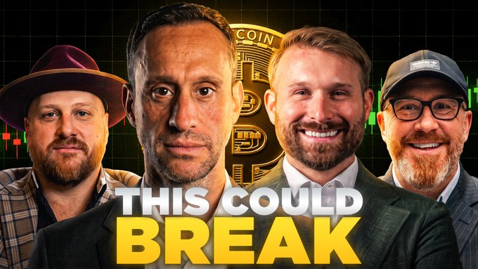 The image is a promotional thumbnail featuring four men against a backdrop displaying a Bitcoin logo and candlestick chart, with bold text reading "THIS COULD BREAK." It promotes a live YouTube discussion at 9 AM EST about Bitcoin facing a major test amid rising oil prices near $100 and an upcoming CPI report.