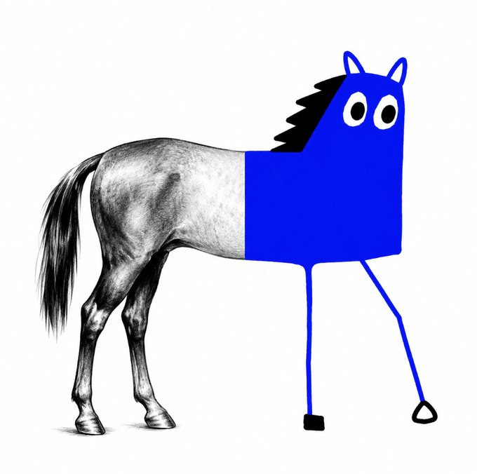 A whimsical illustration combines the rear half of a realistic black-and-white horse with the front half of a blue cartoon character featuring big eyes, ears, and stick legs, embodying the clever concept of "horse messaging" referenced in the accompanying post about a Money Messaging Network.