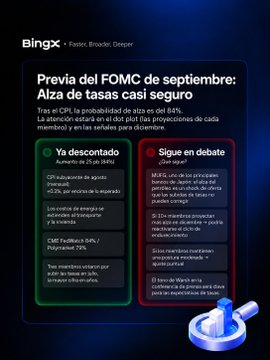 A Blingx fintech graphic in Spanish titled 'Previa del FOMC de septiembre: Alza de tasas casi seguro,' discussing the probability of an interest rate hike.