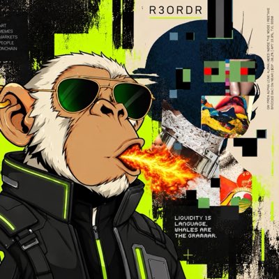 A digital artwork titled 'R3ORDR' features a cartoon monkey wearing sunglasses and breathing fire, alongside a robotic figure and the text 'LIQUIDITY IS LANGUAGE WHALES ARE THE GRAAAAR'.