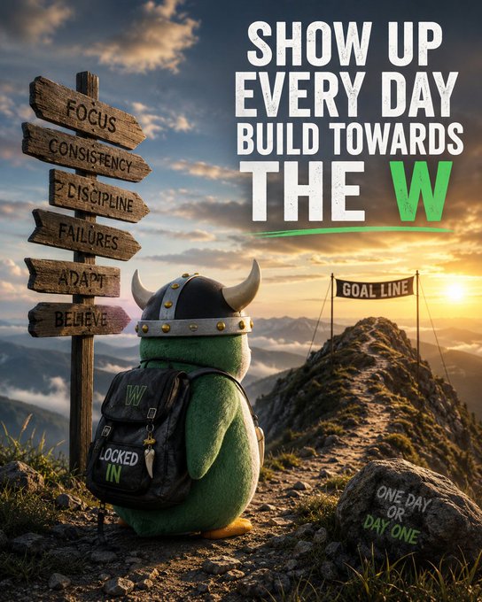 A motivational poster showing a green viking character wearing a 'LOCKED IN' backpack looking toward a 'GOAL LINE' mountain peak, with a signpost listing values like 'FOCUS', 'CONSISTENCY', and 'DISCIPLINE', and the text 'SHOW UP EVERY DAY BUILD TOWARDS THE W'.