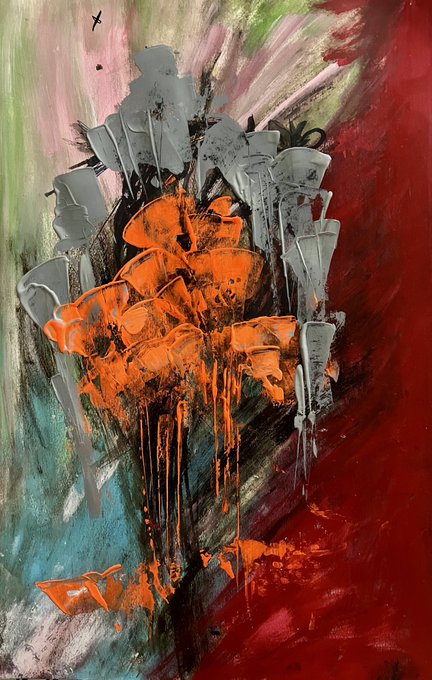 An abstract painting featuring bold splashes of red, gray, orange, and green with dripping paint effects.