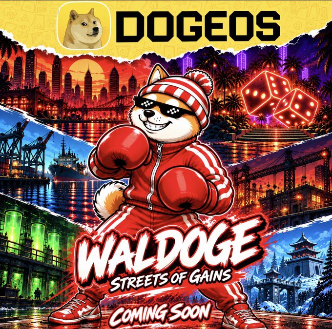 Promotional artwork for "DOGEOS" featuring a cartoon Shiba Inu dressed as a boxer in red gear, with the title "WALDOGE - STREETS OF GAINS - COMING SOON" over a vibrant cityscape backdrop with dice and ships.