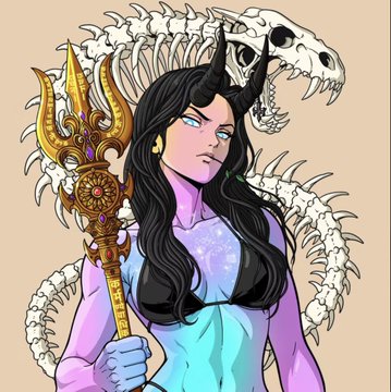 A fantasy illustration of a purple-skinned female character with horns, holding a golden staff, with a dinosaur skeleton in the background.