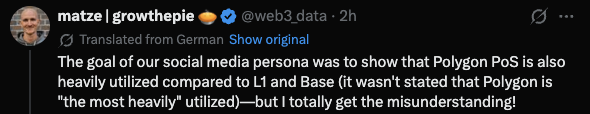 A tweet from matze (@web3_data) clarifying that Polygon PoS was heavily utilized compared to L1 and Base, though Polygon wasn't stated as 'the most heavily' utilized.