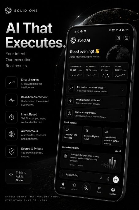 The image features a cell phone with an app displayed, which appears to be related to AI or machine learning. The title of the app reads "AI that executes." This suggests that the app uses artificial intelligence to perform tasks such as executing trades on financial markets or analyzing data for investment decisions. The app is designed to understand intent and execute actions accordingly, making it a valuable tool in the world of finance and trading.