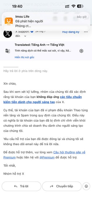 A Vietnamese email from 'Imou Life' (support@imoulife.com) informing the user that their account was found violating spam regulations and may be permanently banned unless they email support to prevent it.