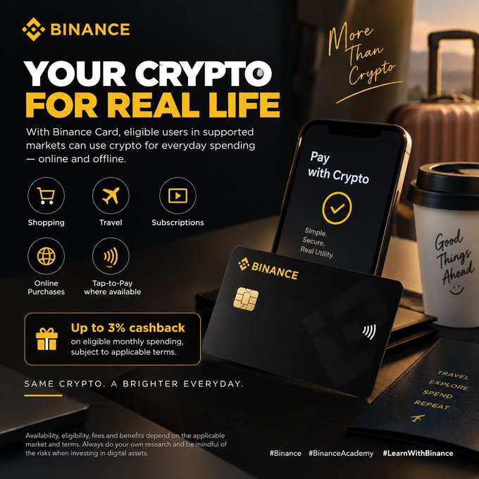 Binance advertisement promoting the Binance Card with the tagline 'YOUR CRYPTO FOR REAL LIFE' and 'Up to 3% cashback', featuring categories like Shopping, Travel, and Subscriptions.