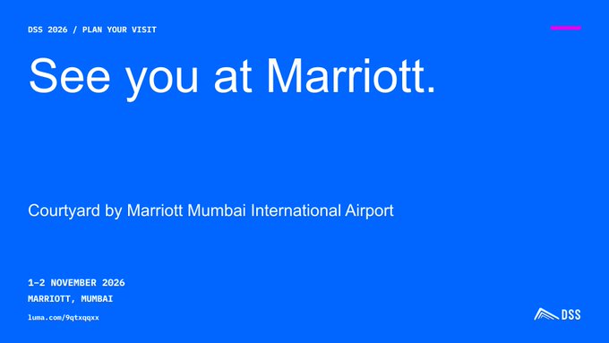 A blue promotional slide reads 'See you at Marriott.' for 'DSS 2026 / PLAN YOUR VISIT' at 'Courtyard by Marriott Mumbai International Airport' from '1-2 NOVEMBER 2026'.
