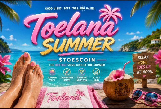 A promotional banner for 'Toelana Summer' (STOESCOIN) meme coin, featuring a tropical beach scene with the tagline 'GOOD VIBES. SOFT TOES. BIG GAINS.' and 'RELAX. HODL. TOES UP. WE MOON.'