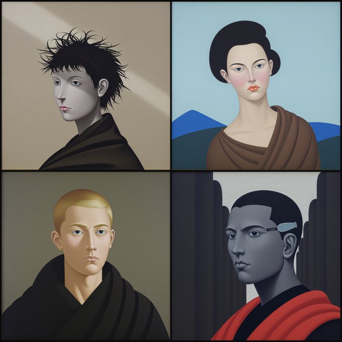 A four-panel digital illustration presents stylized portrait paintings of individuals with distinct hair and clothing, set against varied backgrounds.